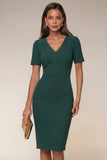Bodycon Navy V-Neck Short Sleeves Midi Work Dress with Slit