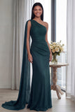 Navy One Shoulder Sheath Ruched Long Evening Dress with Side Cape