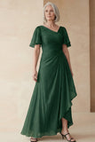 Dusty Sage A Line Ruched Mother of the Bride Dress with Short Sleeves