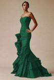 Black Strapless Organza Saitn Ruched Ruffled Mermaid Formal Dress