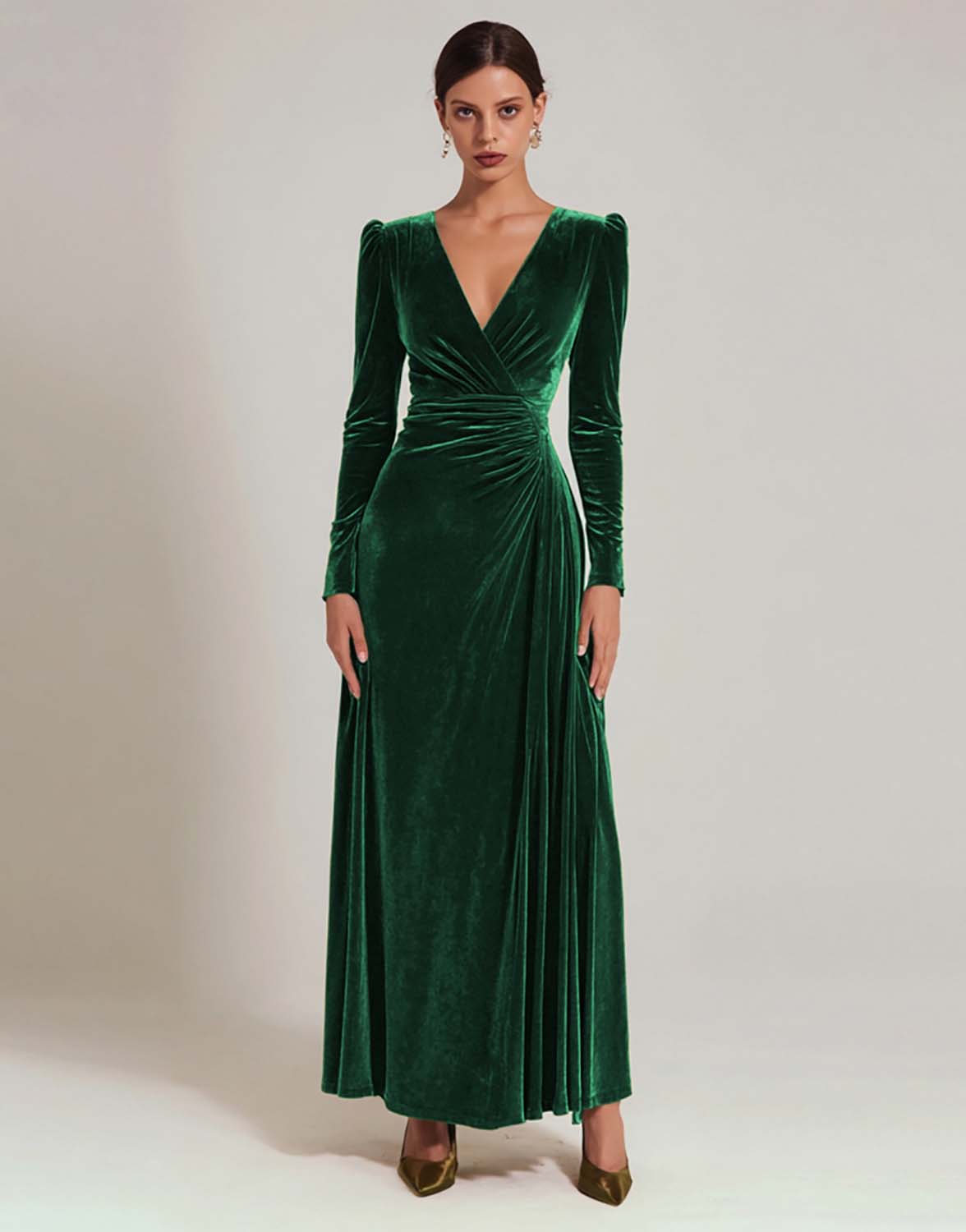 Zapaka Women Olive Long Evening Dress A-Line Velvet V-Neck Holiday Dress With Long Sleeves ZAPAKA UK Zapaka Women Olive Long Evening Dress A-Line Velvet V-Neck Holiday Dress With Long Sleeves ZAPAKA UK