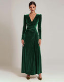 Olive Velvet A-Line V-Neck Formal Dress With Long Sleeves