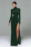 Black Velvet High Neck Long Sleeves Formal Dress with Slit