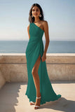One Shoulder Ruched Ivory Maxi Sheath Beach Engagement Dress with Slit