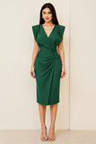 Olive Ruched Bodycon V Neck Midi Formal Dress
