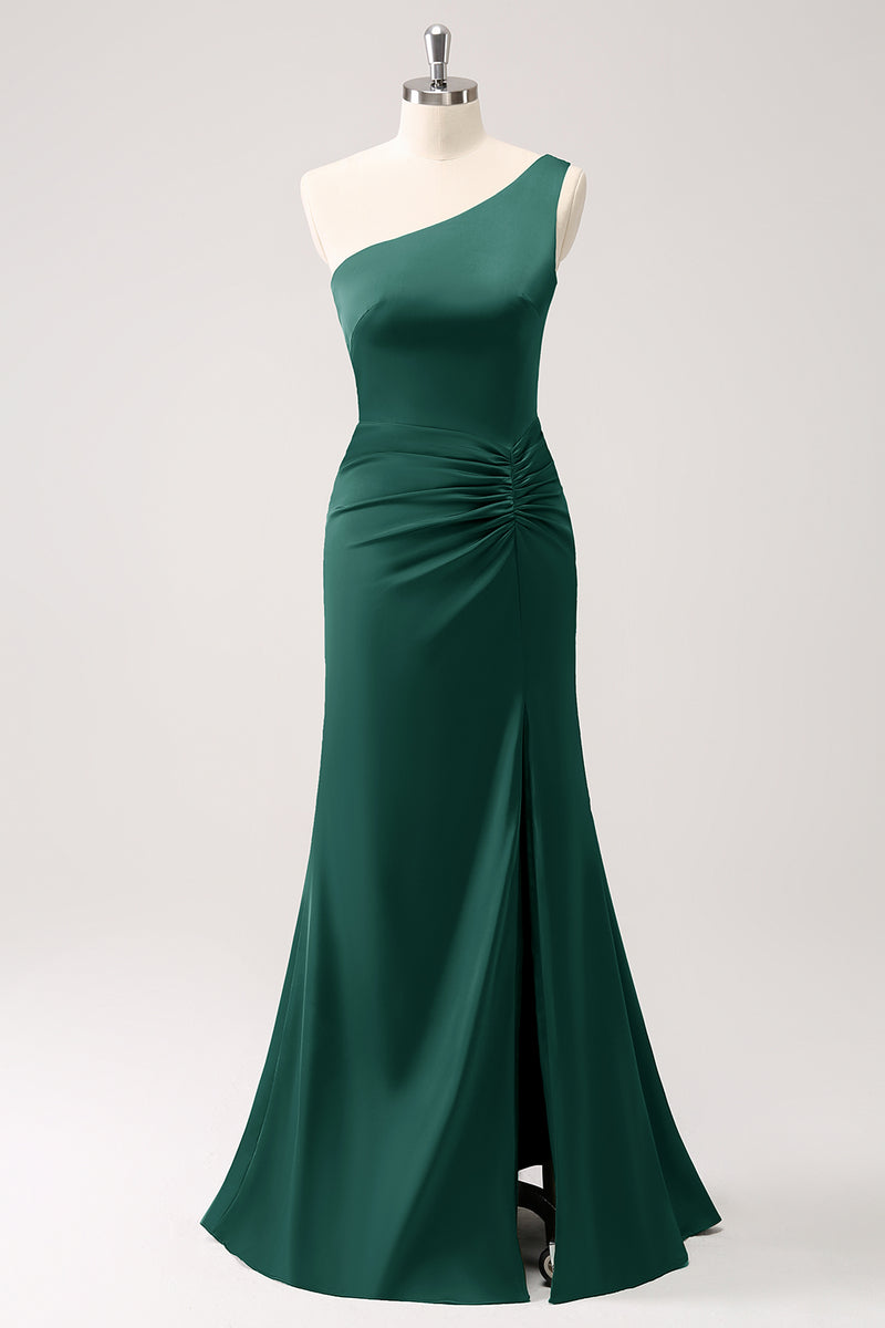 Load image into Gallery viewer, Olive One Shoulder Mermaid Satin Long Bridesmaid Dress