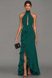 Black Halter Neck Sheath Ruffled Cut Out Long Evening Dress with Slit