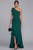 One Shoulder Black Sheath Long Evening Dress with Ruffle Slit