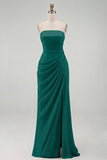 Strapless Light Pink Sheath Ruched Long Prom Dress with Slit