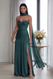 Strapless Dusty Sage Pleated A Line Streamer Long Evening Dress with Slit