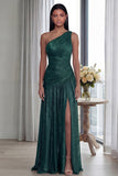 Golden Pleated A Line One Shoulder Long Evening Dress with Slit