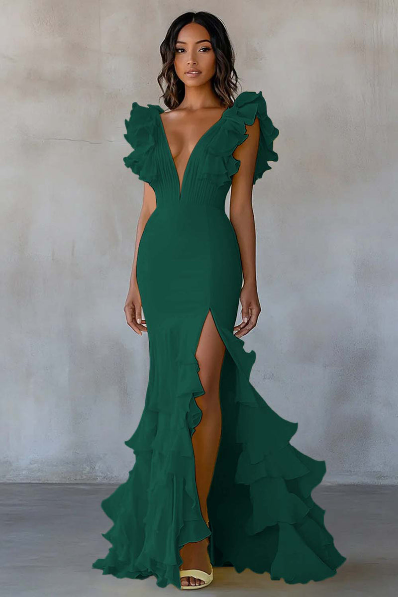 Load image into Gallery viewer, Yellow V-Neck Mermaid Ruffles Formal Dress with Slit