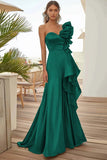 Black One Shoulder Long Formal Dress With Ruffles