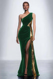 Black One Shoulder Sheath Velvet Long Formal Dress with Sequins