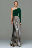 Black and Grey A-Line One Shoulder Metallic Satin Formal Dress