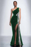 Black One Shoulder Sheath Velvet Long Formal Dress with Sequins