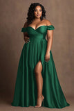 Plus Size Navy Off The Shoulder Satin Long Formal Dress with Slit