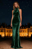 Purple Velvet Halter Sheath Long Evening Dress