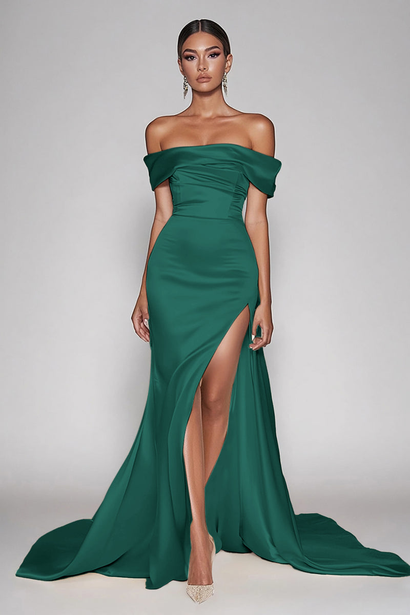 Load image into Gallery viewer, Champagne Off The Shoulder Satin Long Mermaid Formal Dress with Slit