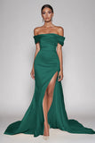 Champagne Off The Shoulder Satin Long Mermaid Formal Dress with Slit