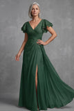 Dusty Sage A Line Flutter Sleeves Ruched Mother of the Bride Dress with Slit