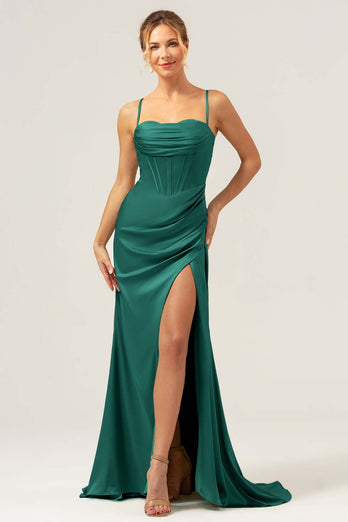 Sage Mermaid Spaghetti Straps Corset Satin Bridesmaid Dress with Slit