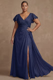 Dusty Sage Plus Size A Line Flutter Sleeves Ruched Mother Of The Bride Dress with Slit