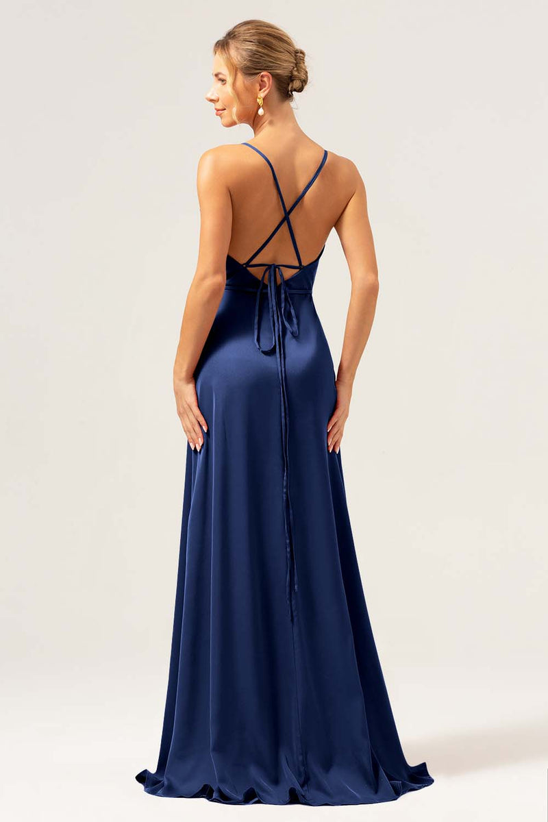 Load image into Gallery viewer, Dusty Blue A Line Spaghetti Straps Backless Satin Long Bridesmaid Dress with Slit