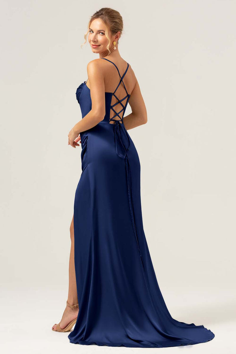 Load image into Gallery viewer, Sage Mermaid Spaghetti Straps Corset Satin Bridesmaid Dress with Slit