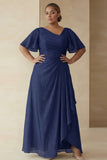 Dusty Sage A Line Ruched Short Sleeves Plus Size Mother Of The Bride Dress with Ruffles