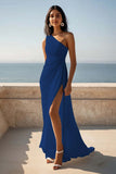 One Shoulder Ruched Ivory Maxi Sheath Beach Engagement Dress with Slit