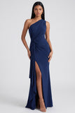 Burgundy One Shoulder Mermaid Ruched Evening Dress with Slit