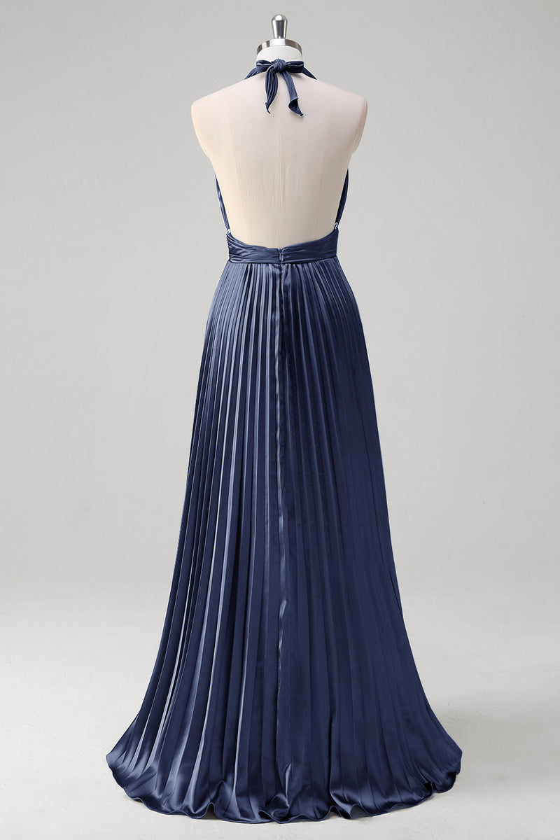 Load image into Gallery viewer, Royal Blue A Line Halter Pleated Long Prom Dress