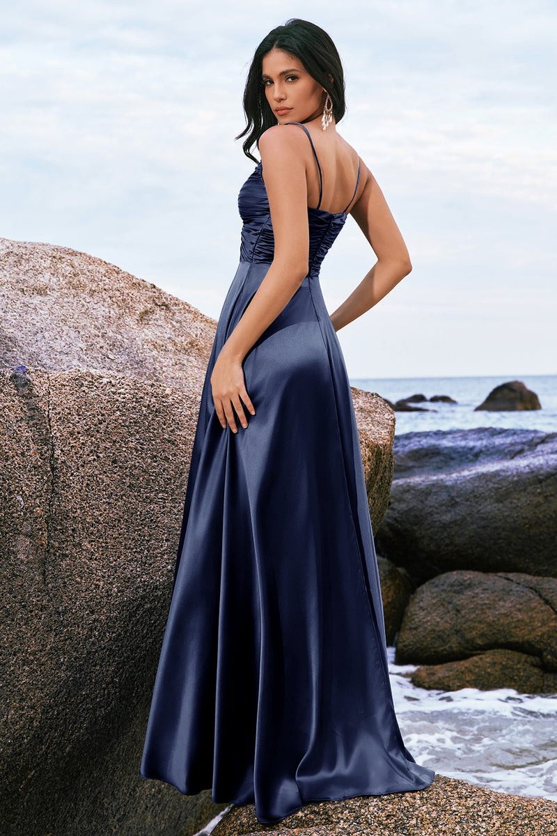 Load image into Gallery viewer, Spaghetti Straps Satin Keyhole Ink Blue Bridesmaid Dress