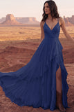 Ivory A Line Ruffled Spaghetti Straps Boho Wedding Dress with Slit