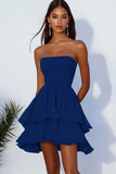 Sky Blue A Line Strapless Chiffon Short Cocaktail Dress with Ruffles