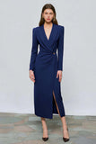 Red Peak Lapel Sheath Long Sleeve Work Dress with Slit