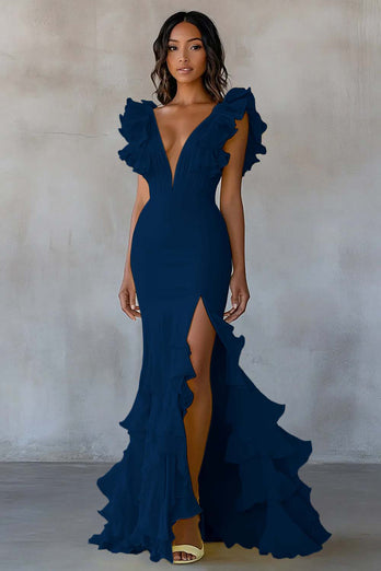 Yellow V-Neck Mermaid Ruffles Formal Dress with Slit