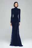 Black Mermaid Velvet High Neck Long Sleeve Formal Dress with Lace