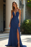 Sheath Champagne Stretch Satin Spaghetti Straps Long Prom Dress