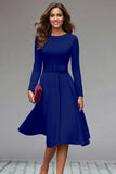 Lilac Round Neck A Line Midi Work Dress with Belt