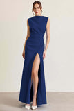 Sky Blue Ruched Sheath Formal Dress with Slit