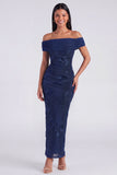 Off the Shoulder Yellow Sheath Embroidered Maxi Floral Dress with Slit