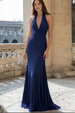 Navy Halter Mermaid Ruched Satin Long Formal Dress