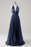 Royal Blue A Line Halter Pleated Long Prom Dress