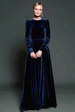 A Line Dark Purple Velvet Formal Dress with Long Sleeves