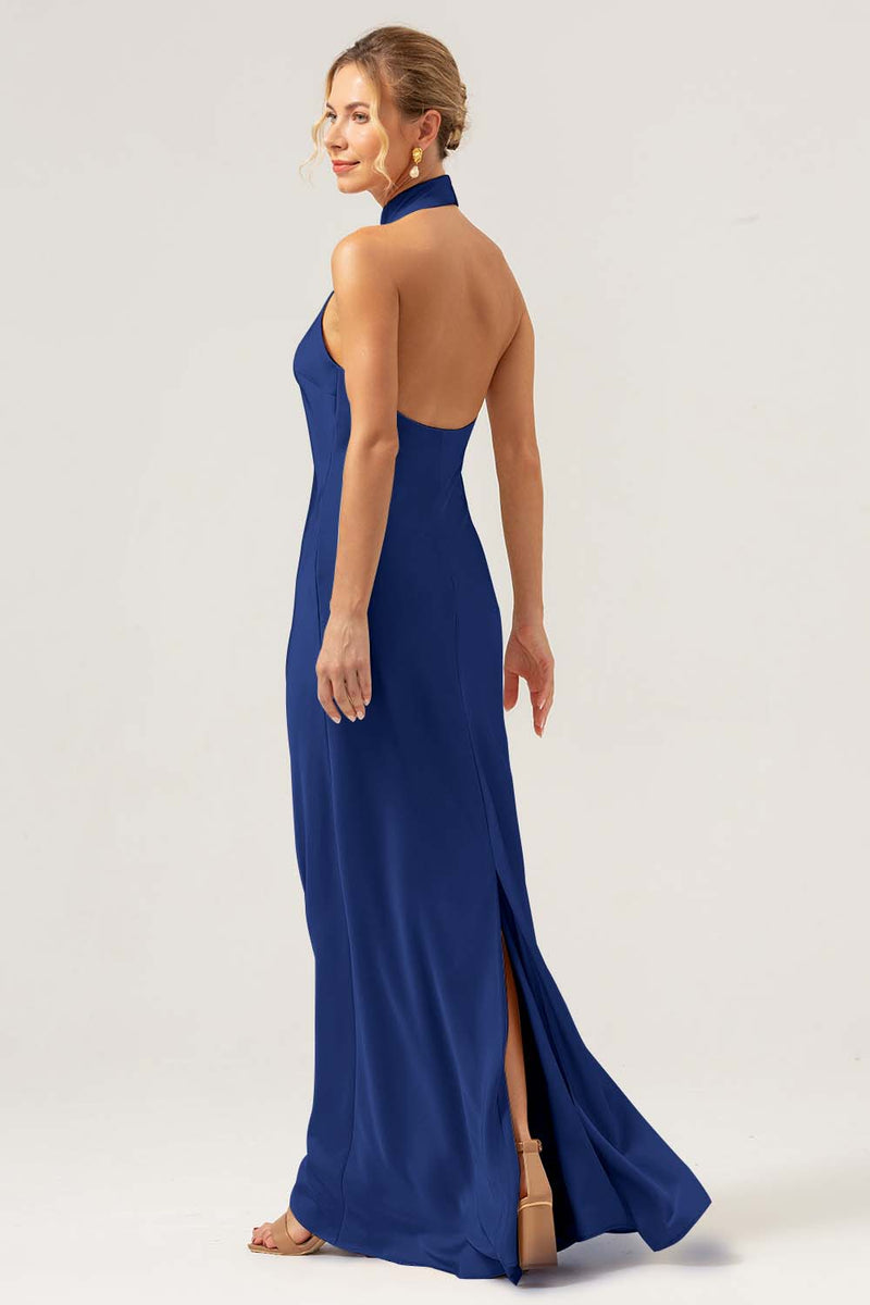 Load image into Gallery viewer, Champagne Sheath Halter Long Bridesmaid Dress With Slit