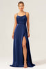 Load image into Gallery viewer, Dusty Blue A Line Spaghetti Straps Backless Satin Long Bridesmaid Dress with Slit