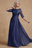 Dusty Sage Ruched A Line Boat Neck Long Mother of the Bride Dress