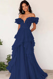Lilac Ruffled Off the Shoulder A Line Pleated Prom Dress